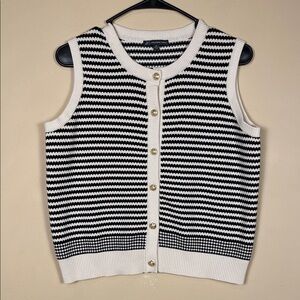 Adrianna Papell Women’s Knit Striped Black Cream Button-Up Sleeveless Cardigan